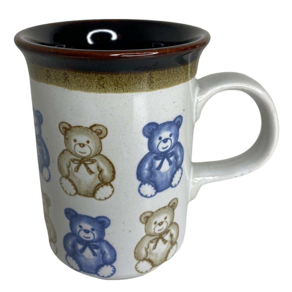 Vintage Otagiri Style Teddy Bear Stoneware Mug Blue Brown Japan Coffee Cup